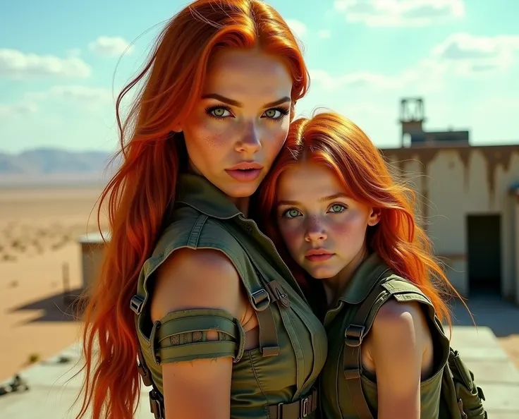 cinematic close up photography of a beautiful red-haired woman, green eyes, long hair, sexy and sculptural body, beautiful breasts, in dirty and torn sexy military clothing, with her daughter (((ten years old))) in old and torn clothes, on top of a concret...