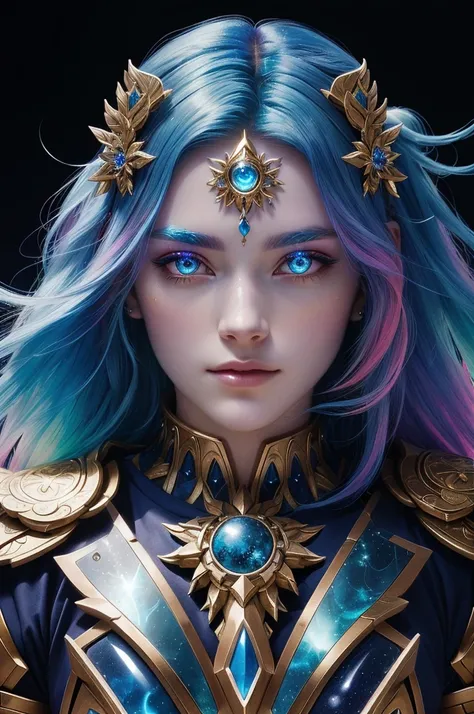 a young celestial goddess with chromatic eyes and a pearacent armour with chromatic eyes, rainbow hair, beautiful multielemental celestial, goddess of the elements, fractal celestial of time space and elements, celestial female warrior, metal and glowing e...