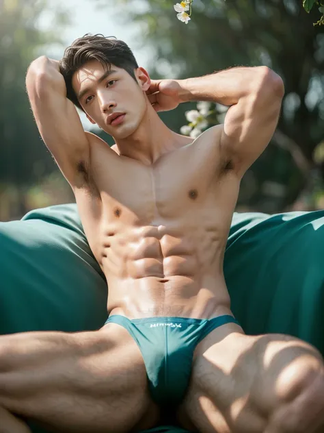 1 Man, ((male model )) healthy skin, masterpiece, best quality, most handsome man in the world, by Kim Soo-hyun, prefect body, beautiful male model, an attractive man 18-24 years old aesthetic, at spring flower booming, green fields, spring, plains, trees,...