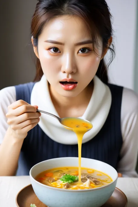 A picture of a pretty Korean woman who is hungry from sweat being forced to feed her soup