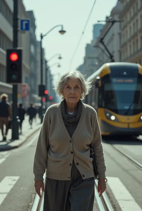 Pensioner old lady crossing the road in front of the tram at a red traffic light