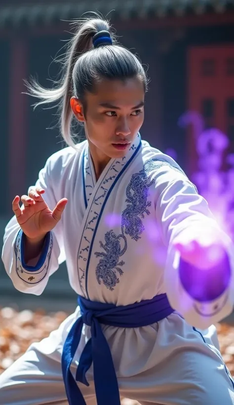 hyperrealistic zoom and close up image of a younger tai chi kung fu masters man, six-pack,  with silvery black hair tied in a ponytail , angry expression,  wearing traditional white hanfu clothes Chinese in combination with blue patterns and with intricate...