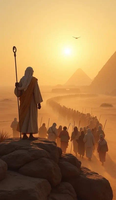 A tranquil but powerful scene in the vast desert at dawn, with Prophet Musa standing atop a rocky hill, his staff raised high. He faces the horizon, leading a large group of Israelites who have just escaped Pharaoh’s pursuit. His face is obscured by a glow...