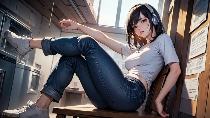  sideways、A woman with headphones is sitting、 jeans、pop、 laundromat in the background、 High Quality , 最 High Quality ,  Photorealistic ,  RAW photos ,  realistic, 超リアル8k CG,  super detailed ,((Accurate limbs:1.2, realistic:1.3, RAW photos :1.3,masterpiece、...