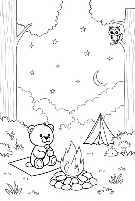 Create a charming black-and-white line art illustration for a ren’s coloring book. The scene features a joyful teddy bear camping in a peaceful forest, sitting by a warm campfire:

The teddy bear is sitting cross-legged on a cozy blanket, with a marshmallo...