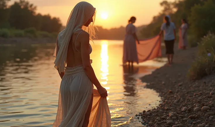 Une image inhabituelle, caractérisée par un réalisme précis et une merveilleuse harmonie de couleurs, des détails distinctifs, 8K, dune très belle femme arabe, lavant du linge au bord de la rivière. Il y a dautres femmes se baignant et en portant des robes...