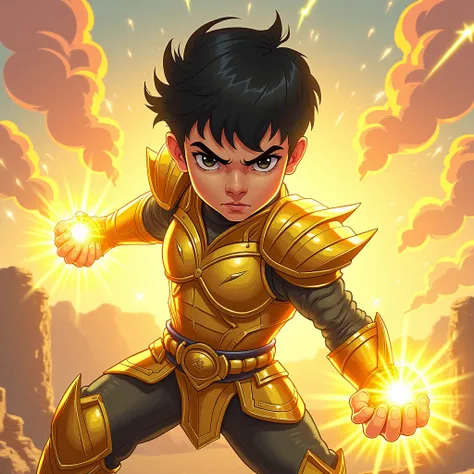 Create a small boy with short black hair and black eyes and he has a serious face and he has Virgo gold armor and a yellow Aura of power and in a fighting pose, a desert setting, orange, sky, pink, white clouds.
Show off your full body and make the armor s...