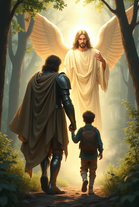 Young camper walks with Saint Michael to Jesus,  realistic 