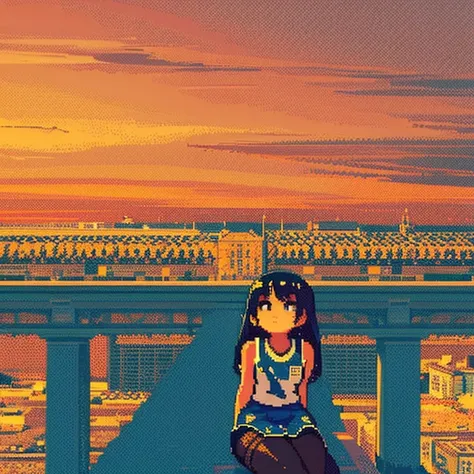 A girl, blue and white parallel tights, cute，Gods perspective 2D, pixel art