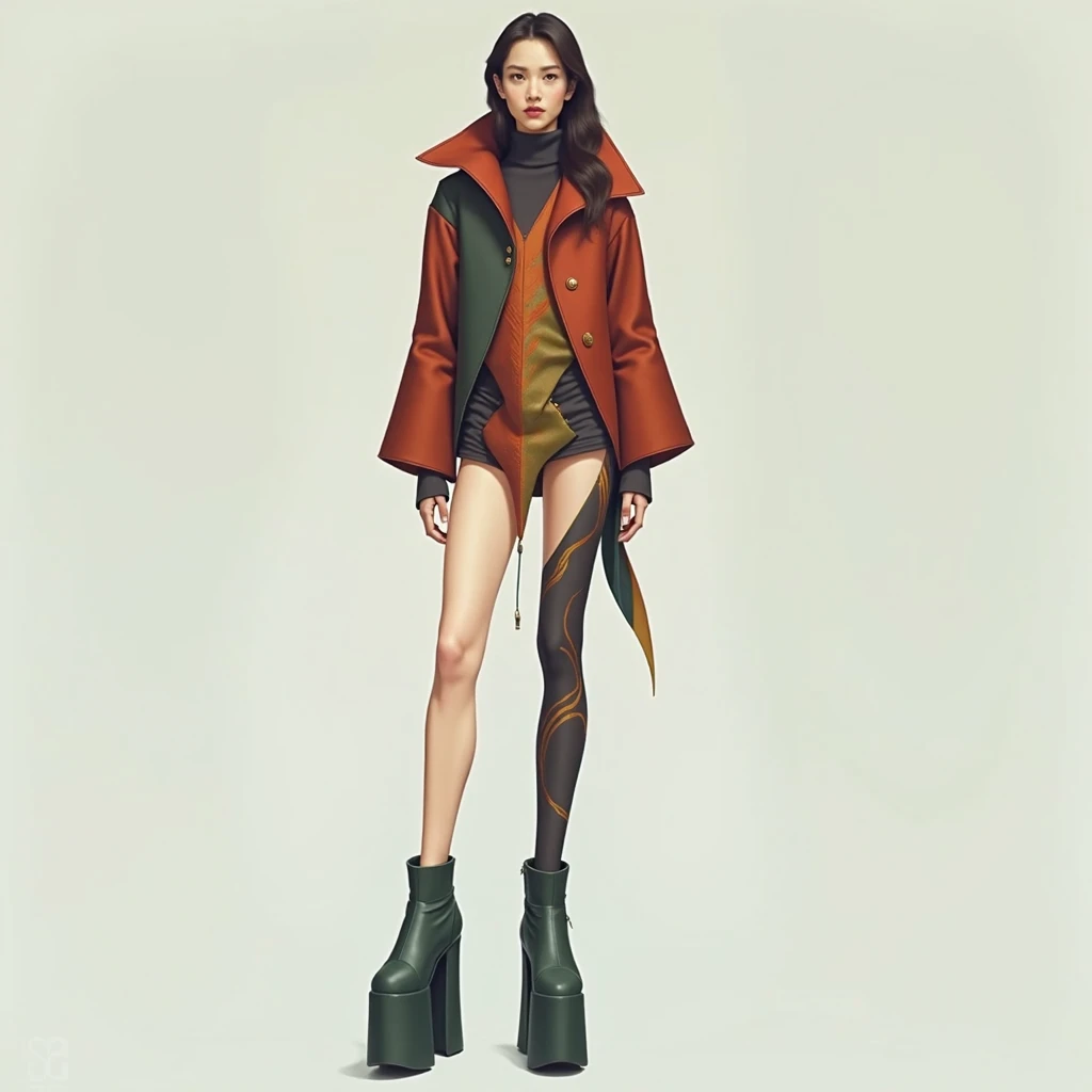 “Create a series of sketches for outerwear inspired by the dragon theme, in full body. Each design must be completely original and fundamentally new, without repeating or borrowing elements from the provided examples. Incorporate dragon-related elements su...