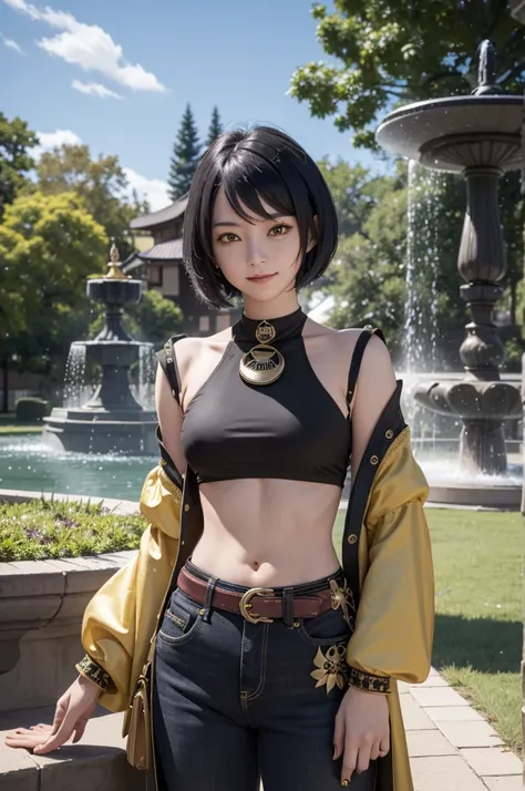 KUJOU SARA, short blue hair, yellow eyes, black crop top with gold trim, midriff, navel, long black sleeves, gold belt, long low-waist jeans, black shoes, smile, park, fountain,(masterpiece, high details, best quality, highres, HD, 4K, 8k, super detail)