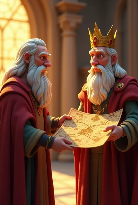 In cenematic 3D cartoon style "The sage hands over an ancient, weathered map to the king. The map is detailed with mystical symbols and intricate routes. The king holds it carefully, examining it under the soft golden light of the palace. The background sh...