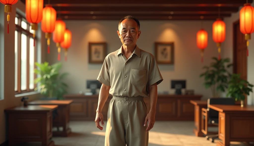 A masterpiece of cinematic digital artwork depicting a prominent Asian man as a janitor in a highly detailed Vietnamese setting. The man, dressed in simple yet clean janitor clothing, exudes humility and wisdom through his sharp gaze and slight smile. He i...