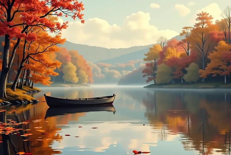 tree々 are reflected in lake water on a boat , autumn leaves, vermont Autumn colors, muted Autumn colors,  colors reflecting on the lake , Autumn colors, Autumn Silence, 手前に秋のautumn leaves, Autumn liveliness,  inspired by Jasper Francis Cropsey ,  colorful ...