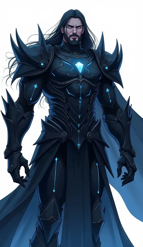 anime style illustration art , handsome mucular man , long hair  , dark black color shadow skin , wearing black misty god like shiny armour , in white background , anime , cosmic face , big titan , giant , so powerful , havey armour , twelve hands , anime ...