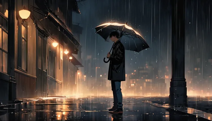  A cartoon-style illustration of a handsome young man standing on an empty street during light rain, viewed from the side. He is holding an open umbrella, wearing a dark jacket, a plain shirt, and slim-fit jeans. The atmosphere is melancholic and aesthetic...