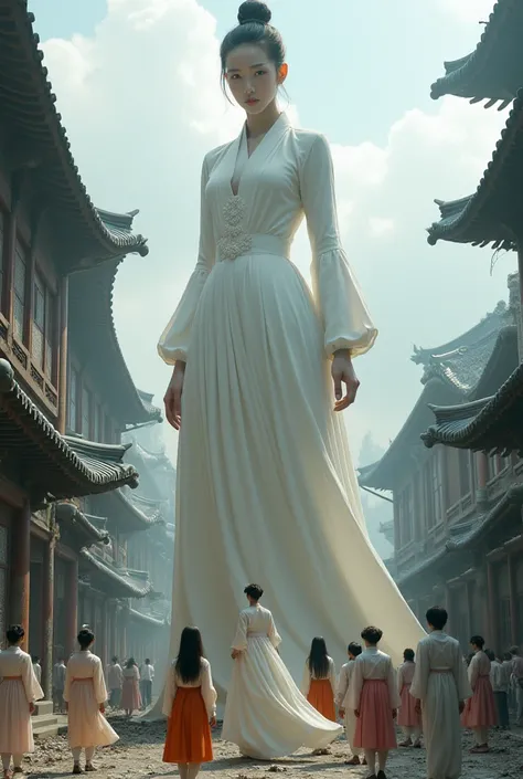  women bigger 、giant、giant、 realistic,Playing with people in the city of Hanbok, Korean,pretty, skinny , destroyed city ,Destroying Seoul at a height of 1 km  