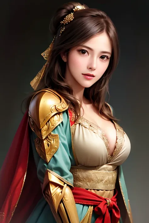 ((The upper body of a female warrior wearing gold and red armor and a cloak:1.4)),1 person,  black hair,  belly shortcut   ,Big breasts and cleavage,  high-definition face and skin texture  ,  staring at the camera,   Chinese Warrior:1.2,  perfect beauty: ...