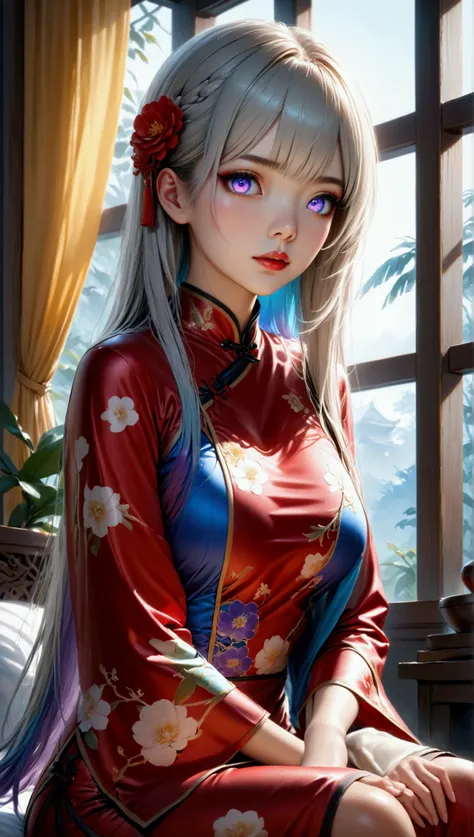 (masterpiece, aesthetic, detailed eyes, realistic), 1girl, mahiru shiina, Long smooth straight grey hair, inner blue to violet gradient hair, blue to violet gradient eyes, sitting in cheongsam in a room facing the viewer, super detail, best quality, 8k