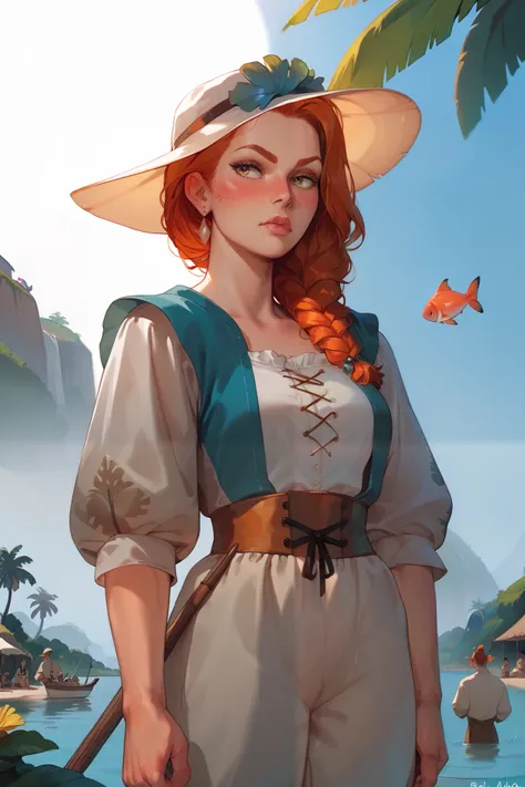  fish people with tattered clothes. suspicious .  medieval fishing village .  warm tropical island . 