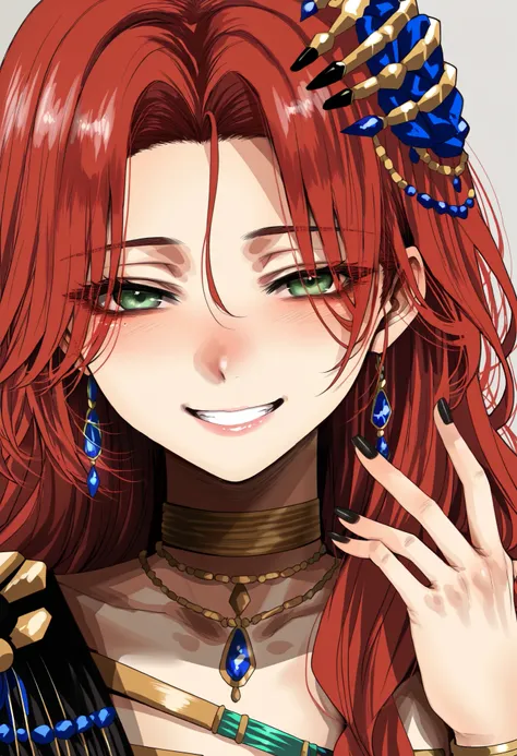 (Hoshi San 3:0.9), 1girl, sophia(manus vindictae)(reverse:1999), long hair, red hair, black dress, armlet, black nails, blue gemstone jewelry, gold choker, jewelry, green eyes, portrait, smile, grin, looking at viewer, grey background, masterpiece, best qu...