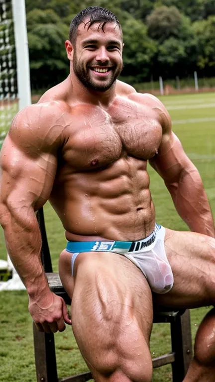 2 male rugby players::3 smile ,very wet ,
, in the field posing, manly, shirtless , translucent white jockstrap , you can see his virile member , tight and very wet great stocky body very hairy chest, thick hairy legs , friends in the back , seating , open...