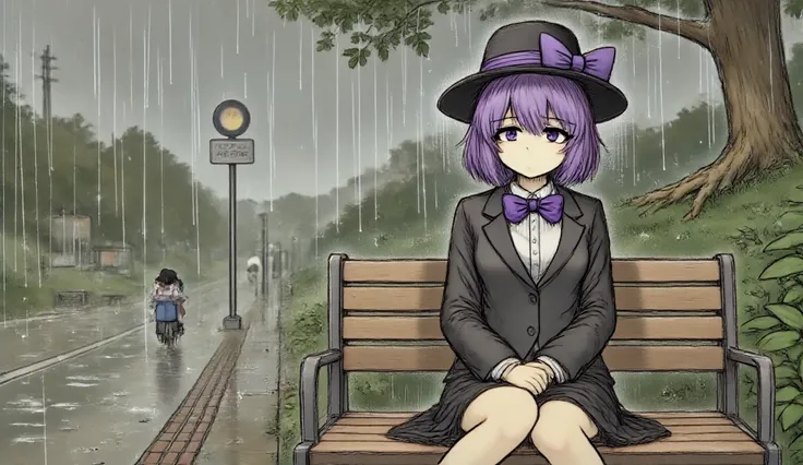 1girl, solo, black fedora with purple stripe, black suit, laugh, bow on hat, bow tie, black skirt, purple shoulder lenght hair, purple eyes, sitting on bench, chilling, park, rain, depressive atmosphere, looking up, Style. FLUX