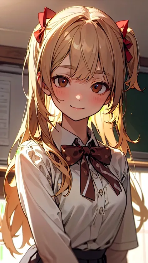 One woman 、 、Blonde、( brown eyes:1.5)、 long hair、 side up、smile、 upper body closeup、 collared shirt 、 pleated skirt、Polka dots、Polka dotsのリボン、 red ribbon 、 Red Bow Tie 、indoor、classroom、 top quality 、 high res、( beautifully detailed eyes:1.6)、 highly detai...