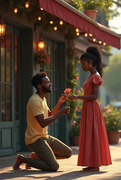 Un jeune homme africain à genoux tenant une fleur en main demandant pardon à une jeune fille africaine belle devant un restaurant 