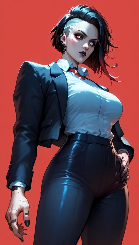 look at viewer, goth, cyberpunk vibes, red background, white pupils, dynamic pose, office suit, look down