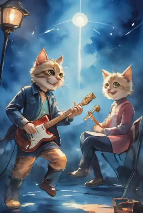 Cute cat rock band, Cute cats playing musical instruments, Electric Guitar, bass, drum, Energetic performance, Little paws pluck the strings, Fluffy fur, Colorful stage lights, Lively atmosphere, Playful expression, Punk rock style, Spiked collar, Bright c...