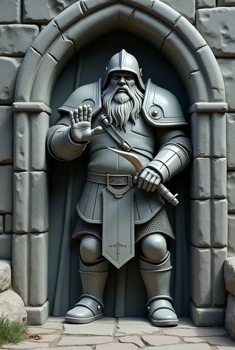 Dungeons and dragons, a massive stone door carved with an statue of a dwarf with a short knife in one hand and a sorrowful expression on his face. The dwarf is stocky and powerfully built. He is wearing heavy plate armor. He is wearing a metal helmet that ...