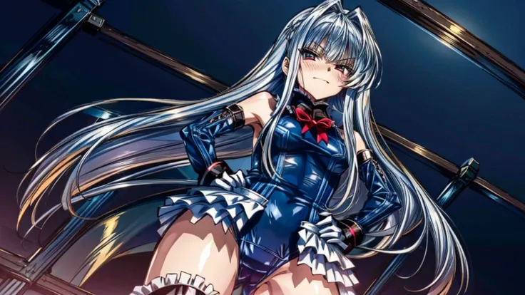 8ｋ, Perfect Anatomy,  top quality , ,sneer,Provocative attitude, perfect finger,
,(Hands on hips、 look down :1.6), ANIME STYLE,(
frilled swimsuit,
thighhighs,
detached sleeves),
 Silver Hair,(white finger :1.1, Black Gloves ), long hair on her face, Evil A...