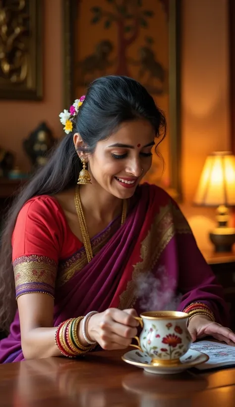 Ramesh’s wife gently places a steaming cup of tea on the wooden desk where he works. She is dressed in a vibrant Rajasthani saree, its rich hues of red, gold, and purple reflecting the intricate patterns and elegance of the region. Her long hair is tied in...