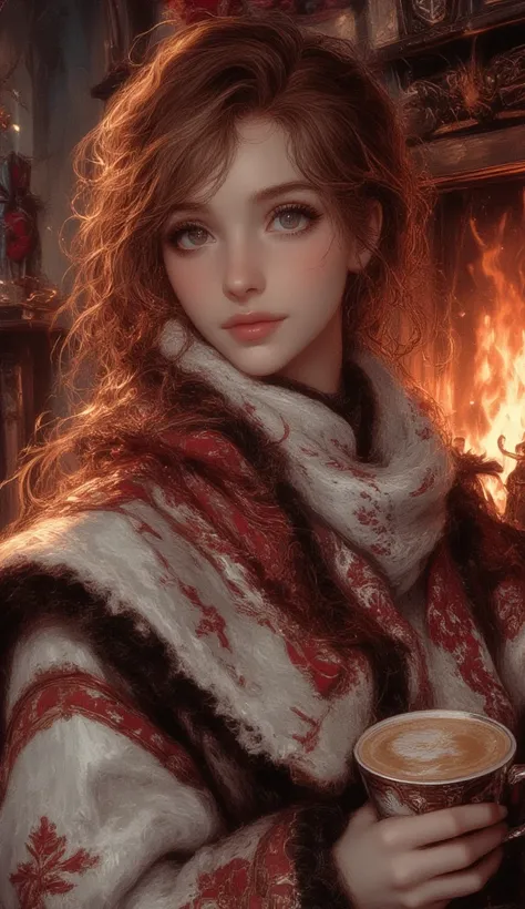  beautiful lips :1.2, detailed eyes, Beautiful full lips , Highly detailed eyes and faces , long eyelashes, Cute expressions ,  smiles , Sitting:1.4,  holds a cup of hot latte,  fireplace ,  home background , heater,  warm light ,  Christmas sweater , anim...