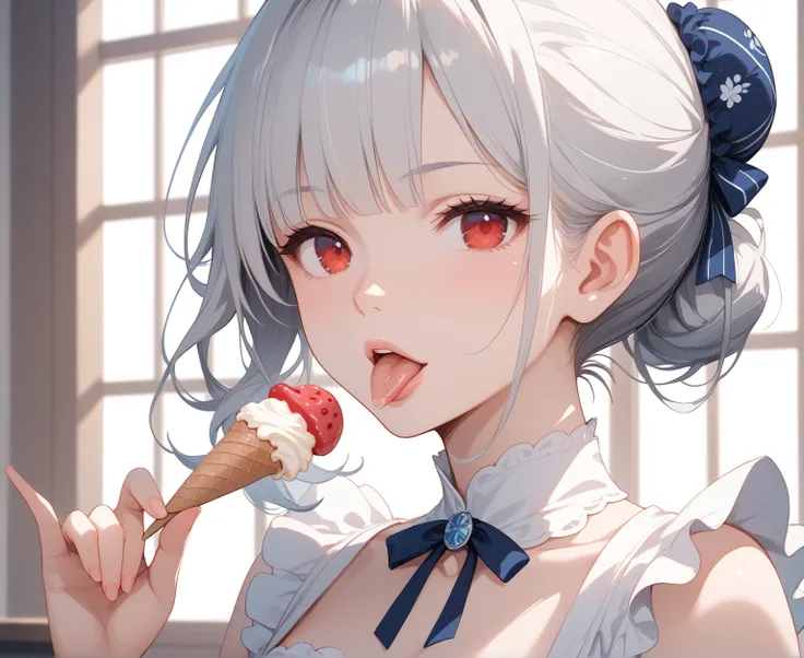 Kyoto animation style, with silver hair, 8k extreme face details, 8K Ultra HD, amazing woman, White hair, (Bob hairstyle), Slim body, red eyes, A young woman, dressed in a light gray maid outfit apron with open bosom, and a hair bun. Close-up, focusing on ...