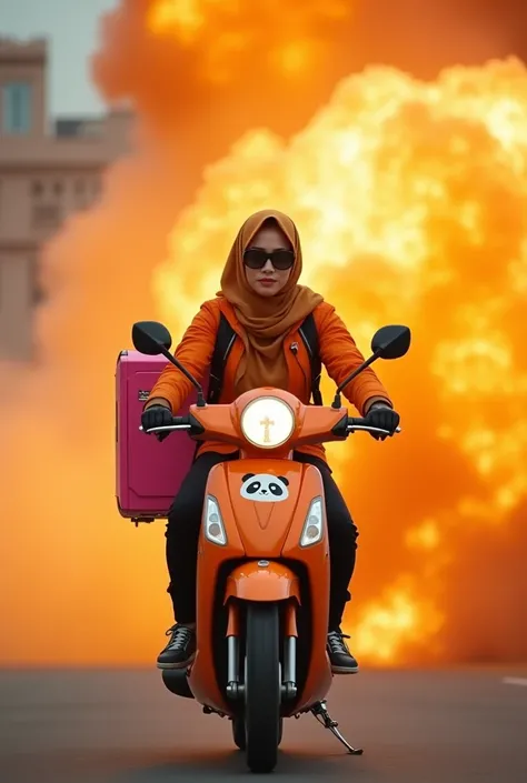 Slim beautiful malay woman in hijab with orange jacket with big panda ride a orange delivery motorcycle very fast to escape from explosion, pink food delivery motorcycle, foodpanda delivery, panda emblem at delivery box, pink delivery box, sunglasses, sci-...