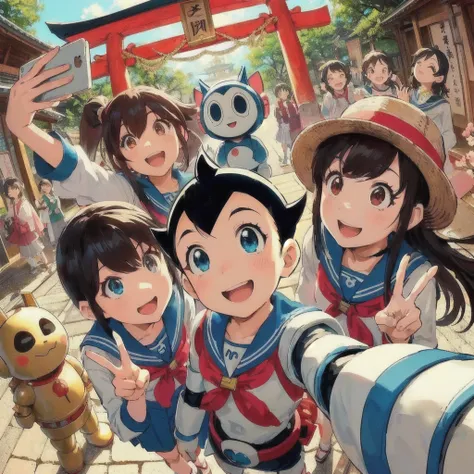 Anime characters take pictures in front of a temple ,  smile with open mouth,  ASTRO BOY WIDE-ANGLE PORTRAIT, 209 anime ,  2021 anime , Tatami Galaxy, Today&#39;s anime stills,  Official Art,  there is only one robot  on the ground ,  Japanese Animation , ...