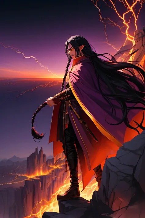 adult cisgender male, long braided black hair, tan skin, red electricity crackling around him, wearing purple and gold cloak, angry, midnight hour, standing on cliff side overlooking cityscape, dynamic lighting 