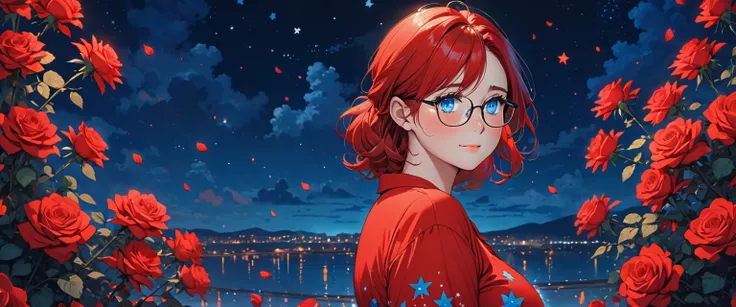 32 year old girl with a plump body and cute figure crying and wearing glasses and bright blue eyes and long bright red hair wearing a red shirt and in the background is blue with little stars and night with bright red roses