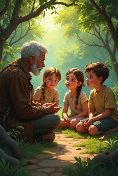 3. Scene of listening to the story of the treasure
The four siblings hear from an elderly man the story of a treasure hidden in the forest. Their faces are full of curiosity and enthusiasm.
