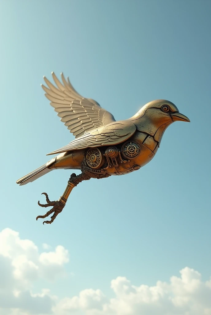  A tiny bronze sparrow flying in free fall at full speed. Clear sky sky background . Steampunk style.