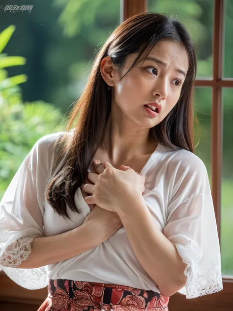 ((grabbing chests with both hands)),((bowing,lower head deeply)),frown,Japanese beatiful woman,35 years old,((orgasm face:1.2,embarrassed,blush,ecstasy,realistic skin)),(screaming with open mouth),wearing White t-shirt,wearing long skirt,brown long hair,re...