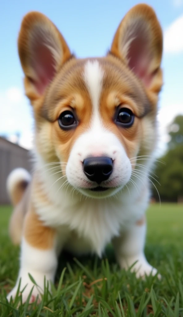 The image shows a cute Corgi puppy with his nose close to the camera, which makes him look curious and investigating the person taking the photo. He has large, erect ears, dark, expressive eyes, and soft fur that is light brown, white, and a bit of black. ...