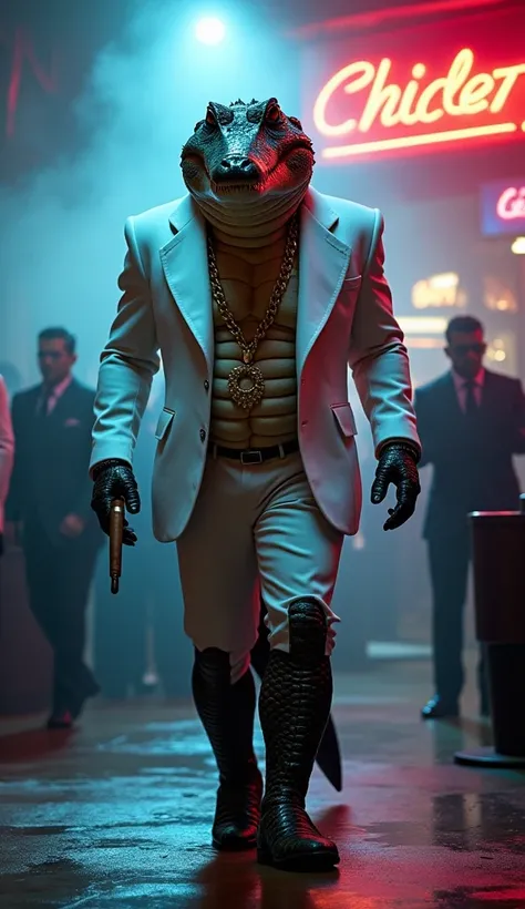 "A massive crocodile walking toward the camera with an air of cold dominance, wearing a white double-breasted suit and a gold chain, holding a cigar in one claw. The scene is set in a smoky nightclub with neon lights reflecting off the crocodiles scales, w...