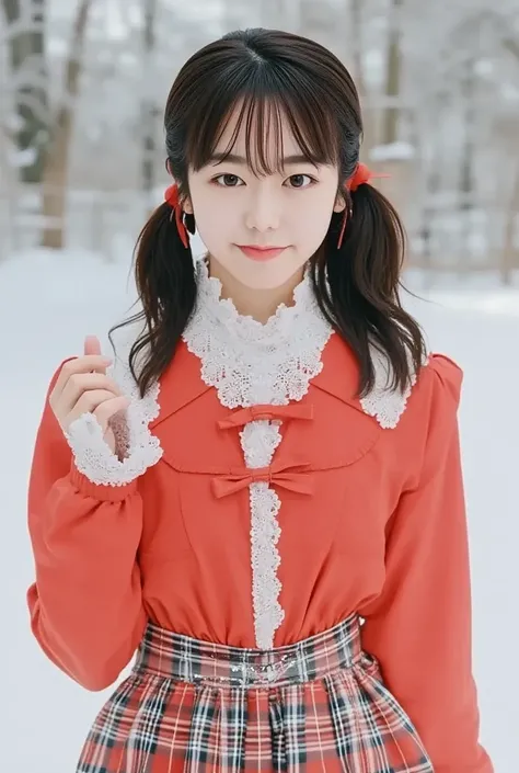 ((((Beautiful and cute Japanese  _young_Idol)))), (((blunt bangs, low_  twin tails))), ((((Winter clothes, bow_ Thailand_   check pattern   )))), (((  pleated skirt, tartan    check pattern   ))), (( )),   surreal,  very detailed, The best reality,     per...