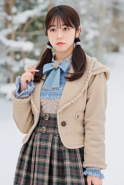 ((((Beautiful and cute Japanese  _young_Idol)))), (((blunt bangs, low_  twin tails))), ((((Winter clothes, bow_ Thailand_   check pattern   )))), (((  pleated skirt, tartan    check pattern   ))), (( )),   surreal,  very detailed, The best reality,     per...