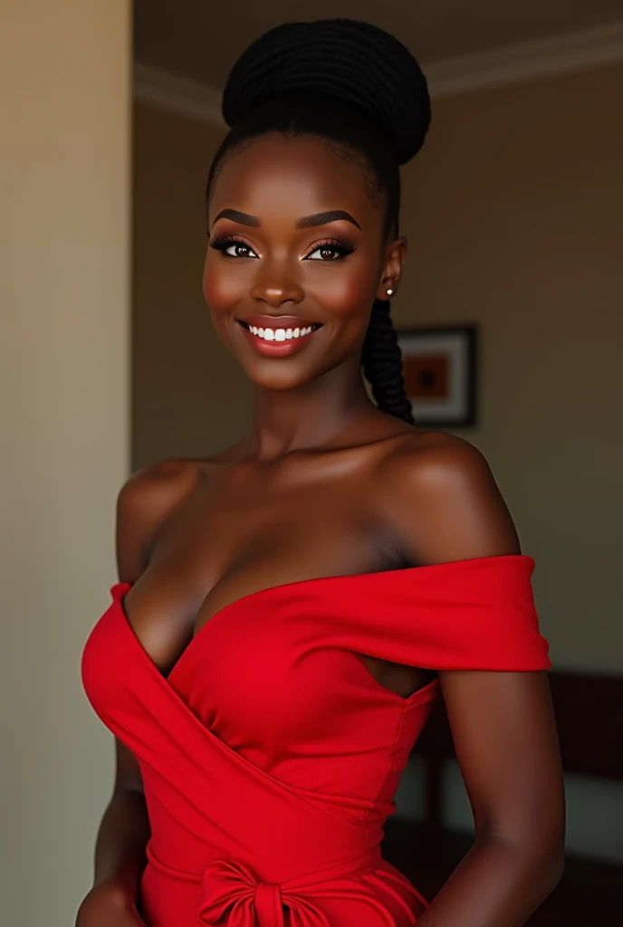 In a 16:9 ratio Generate an image of a pretty black lady in a red dress