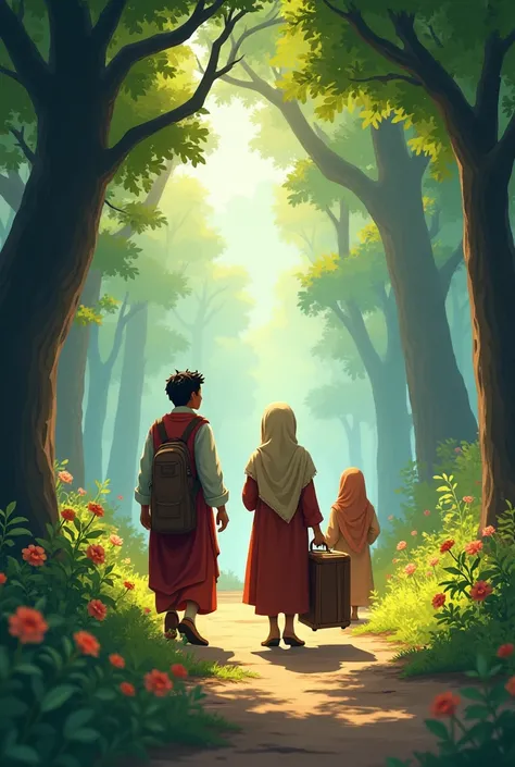 4. The scene of the beginning of the journey
The four siblings are starting their journey along the forest path, Zahiruddin is looking at the map, Hamza is moving forward, Izma is picking up luggage, and Sima is observing the trees and flowers.
