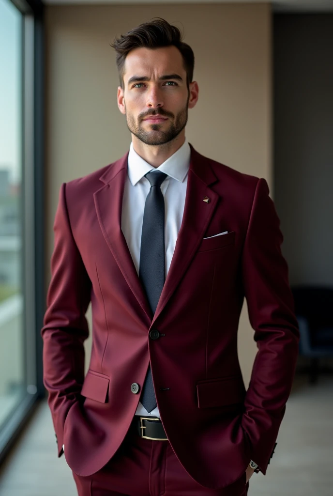 Create the image of a successful man aged 30-35 in a stylish maroon suit